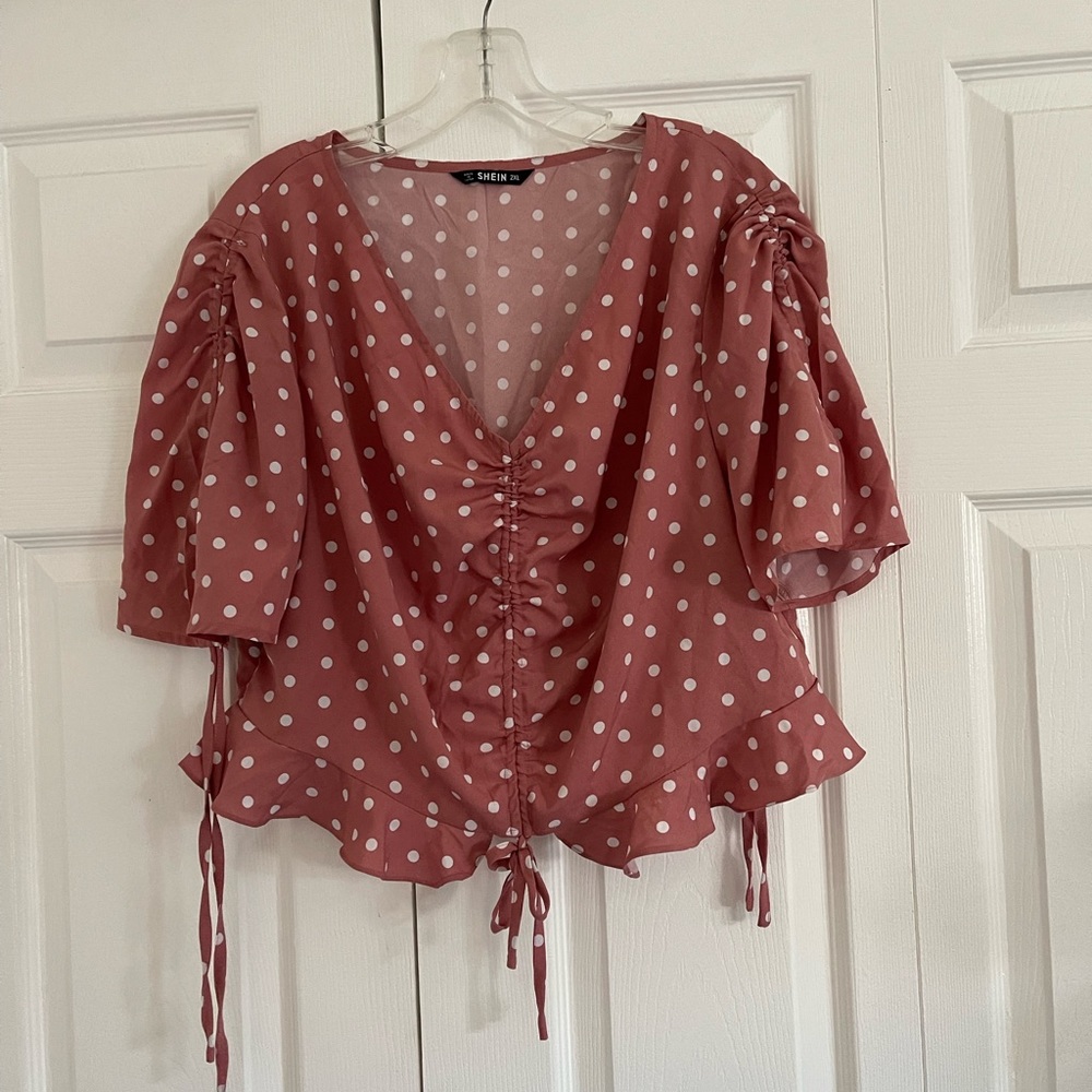 Plus Puff Sleeve Drawstring Ruched Detail Polka Dot Peplum Top | Size : 2XL